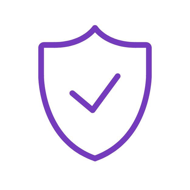 A purple outline shield icon with a checkmark inside, centered on a light gray background.