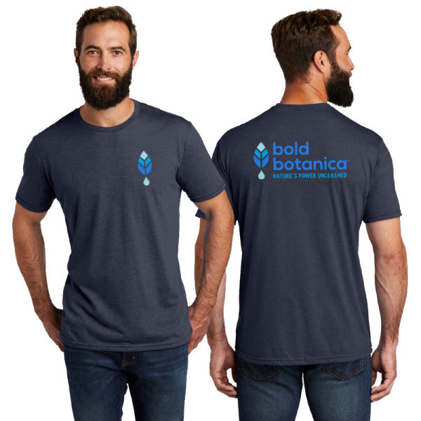 man wearing eco-friendly bold botanica t-shirt with blue logo to right side of chest and across the back of the shirt 