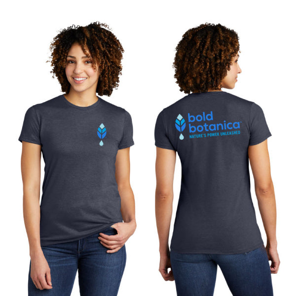 woman wearing gray  eco-friendly bold botanica t-shirt with blue logo on left chest and logo across the back of the shirt as well 