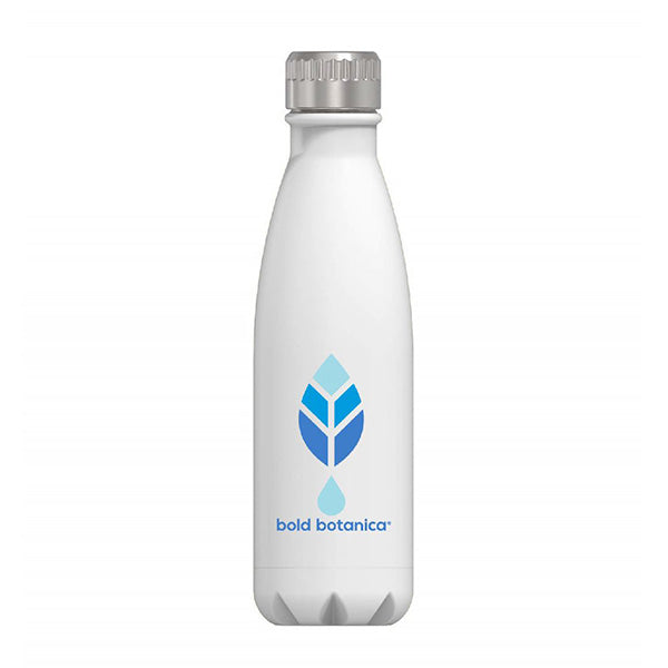 bold botanica 17 oz white metal water bottle with blue bold botanica logo 